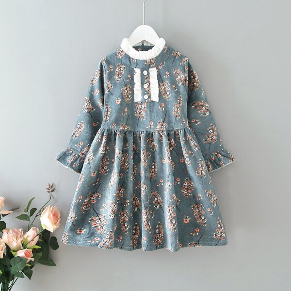 

Toddler Girls Corduroy Floral Contrast Frill Babydoll Dress, Navy blue