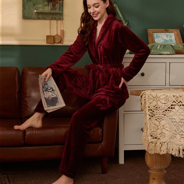 

Solid Flannel Belted PJ Set, Maroon
