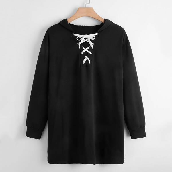 

Plus Lace Up Front Sweatshirt Dress, Black