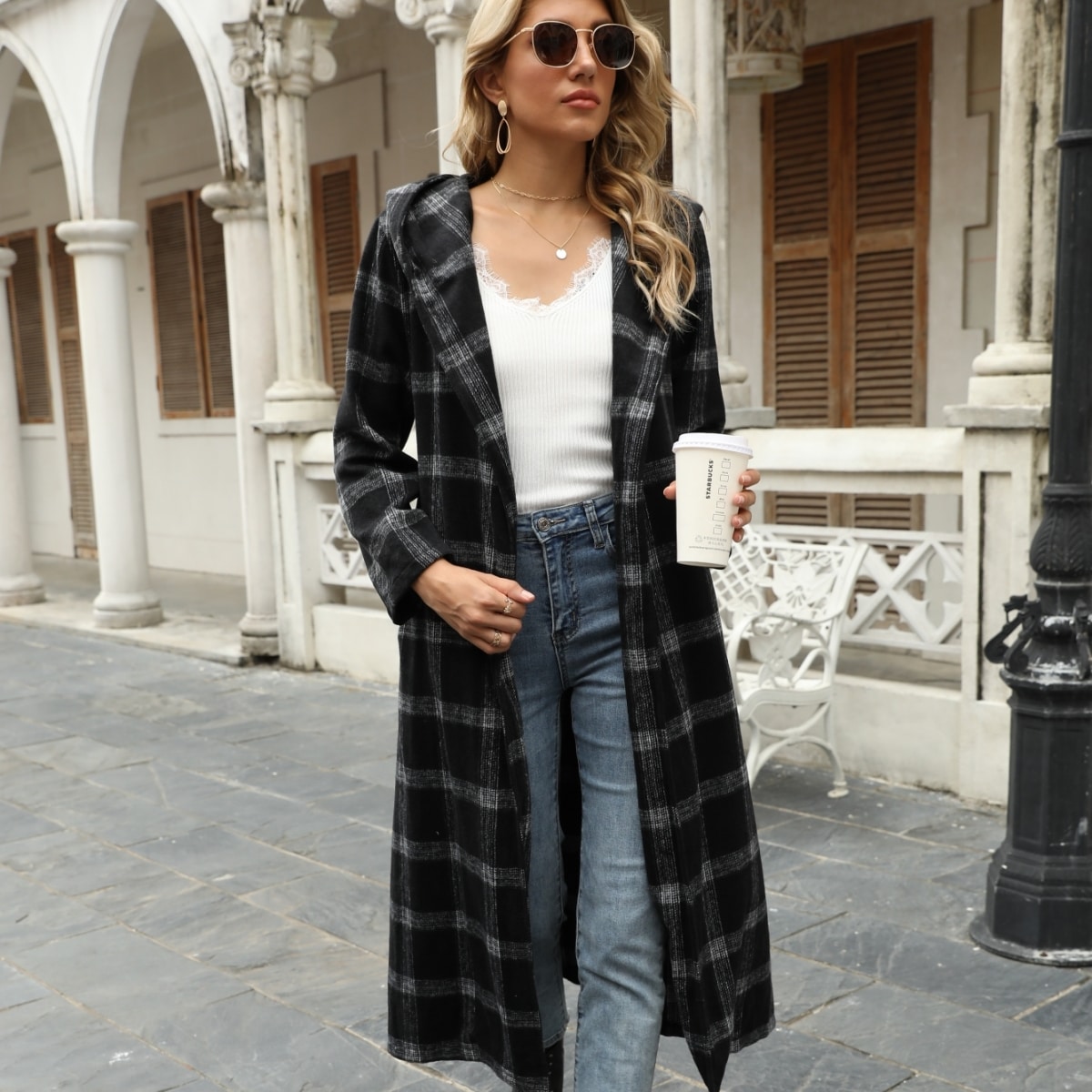Image of Hooded Belted Plaid Longline Overcoat
