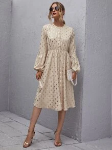 Button Front Lantern Sleeve Gold Dot Dress - Khaki - View 1