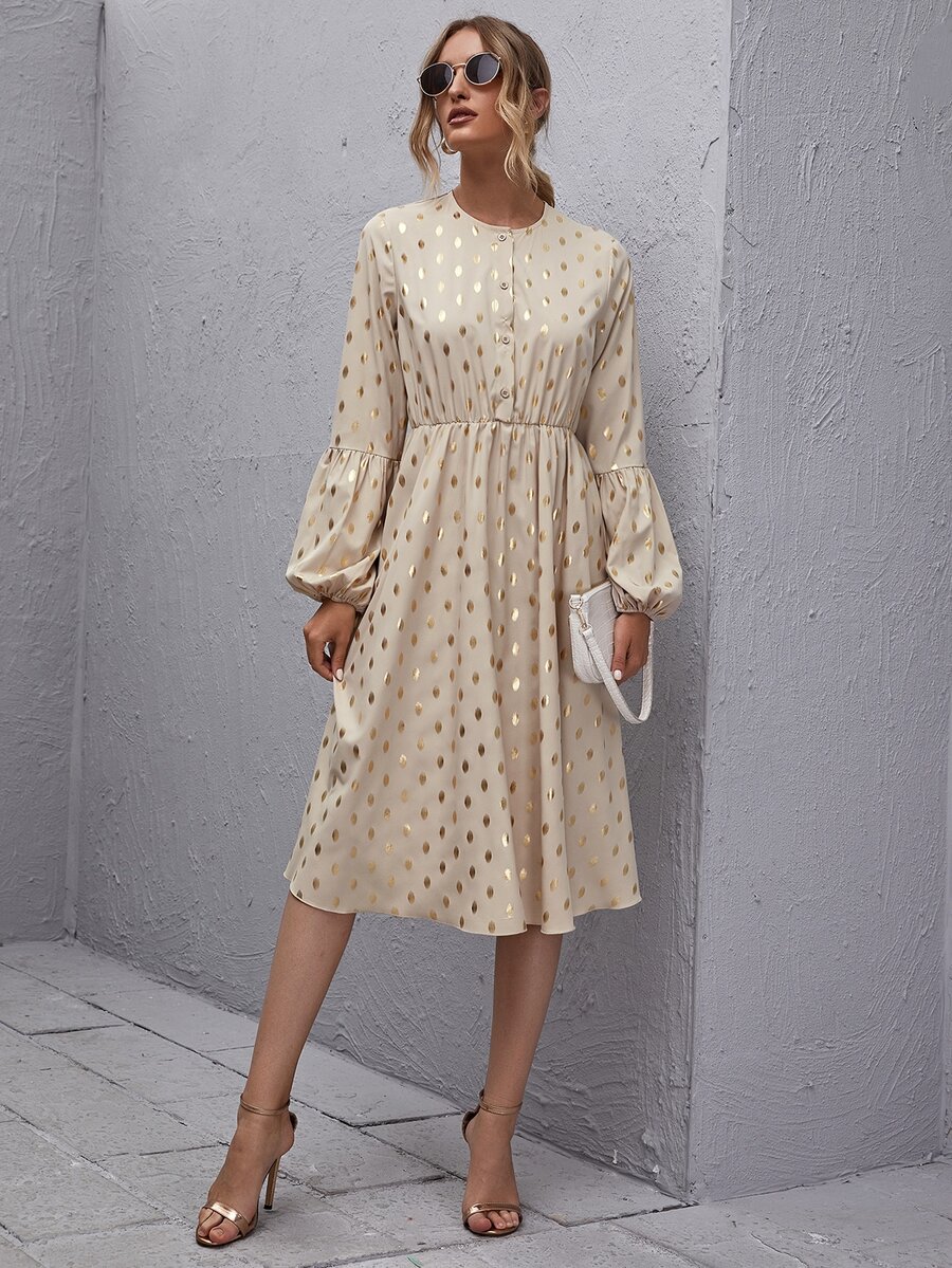 Button Front Lantern Sleeve Gold Dot Dress - Khaki - View 1