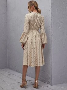 Button Front Lantern Sleeve Gold Dot Dress - Khaki - View 2