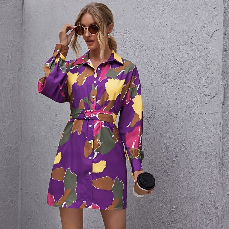 

Button Front Belted Tie Dye Dress, Multicolor