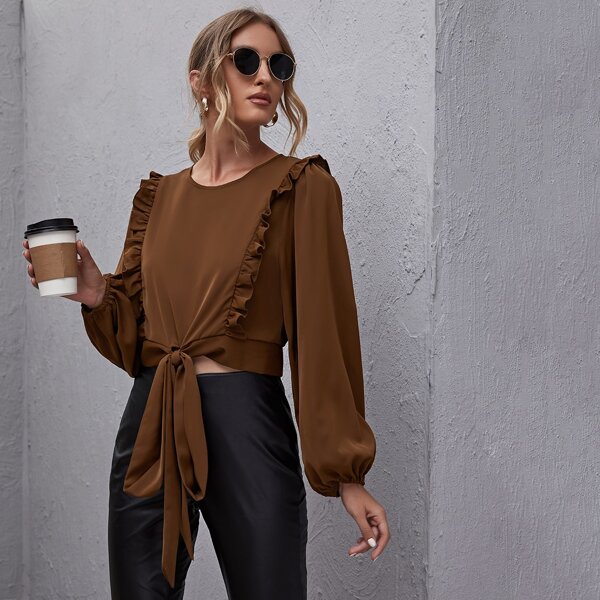

Lantern Sleeve Ruffle Trim Top, Coffee brown