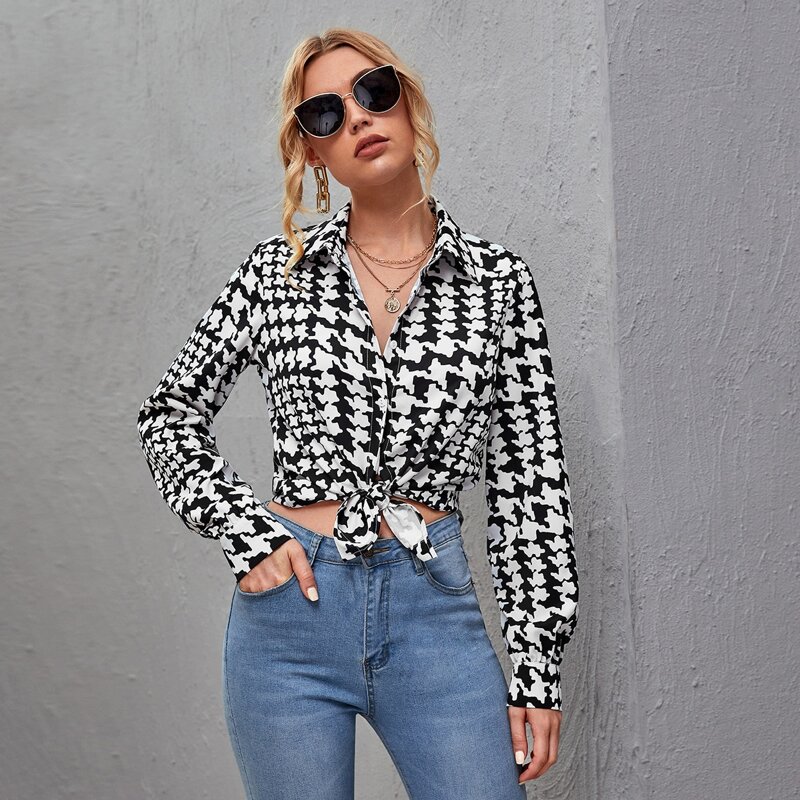 

Button Front Tie Hem Houndstooth Top, Black and white