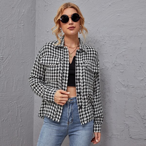 

Button Front Patch Pocket Houndstooth Jacket, Black and white