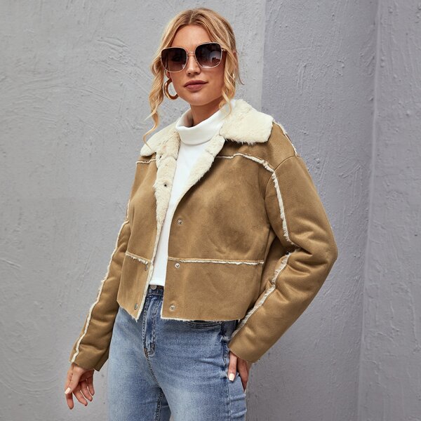 

Contrast Faux Fur Lining Press Button Front Suede Jacket, Camel