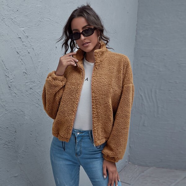 

Zipper Up Drop Shoulder Teddy Jacket, Camel