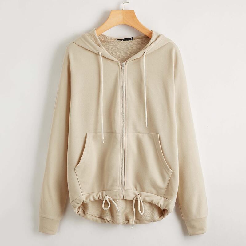 

Kangaroo Pocket Zip Up Drawstring Hoodie, Apricot