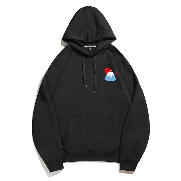 

Men Chinese Letter Graphic Kangaroo Pocket Drawstring Hoodie, Black
