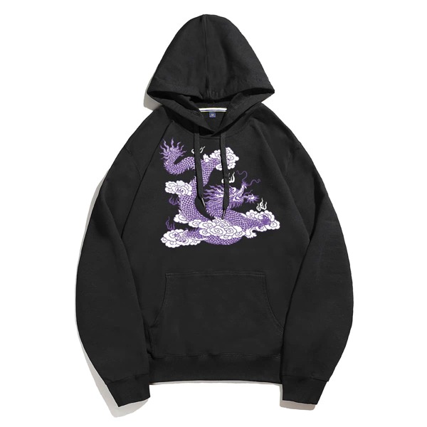 

Men Chinese Dragon Print Kangaroo Pocket Drawstring Hoodie, Black