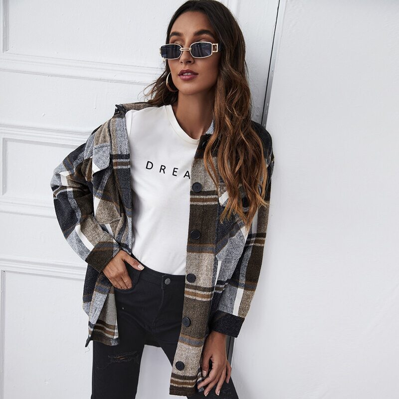 

Button Up Curved Hem Plaid Overshirt, Multicolor