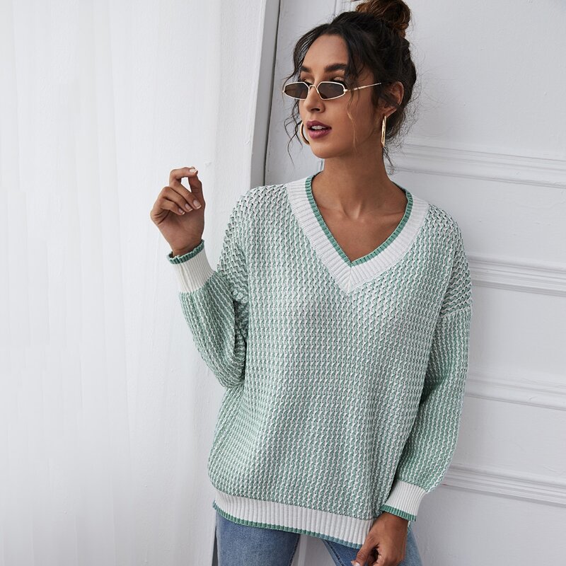 

Textured V Neck Drop Shoulder Sweater, Green pastel