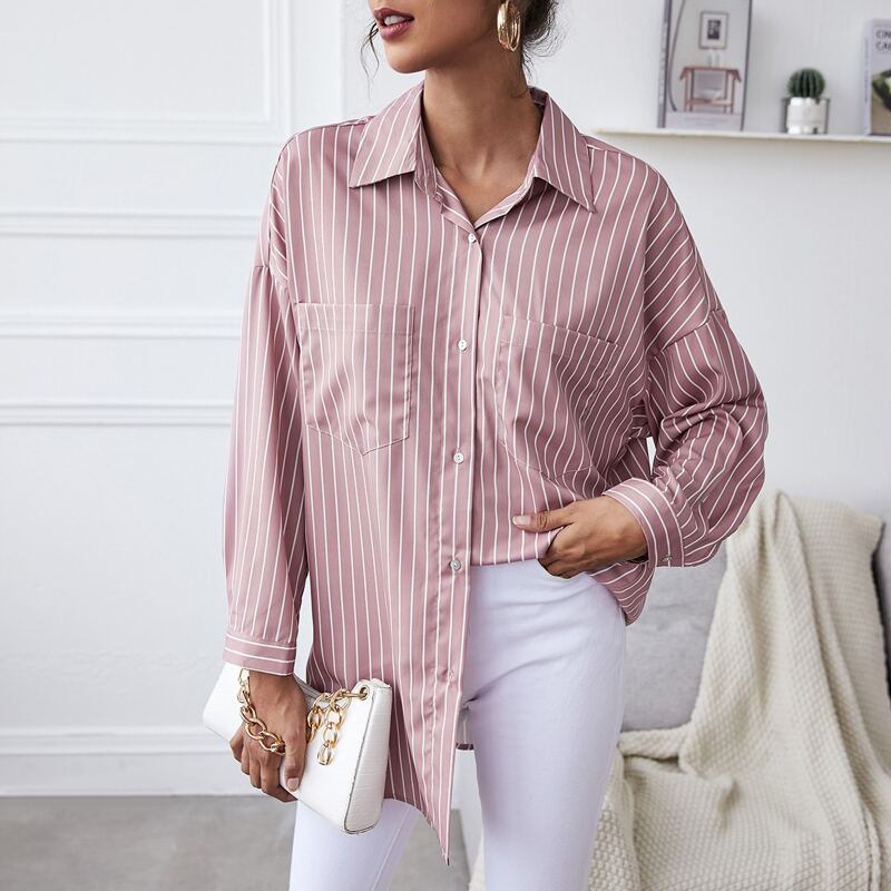 

Vertical Striped Button Up Longline Blouse, Dusty pink