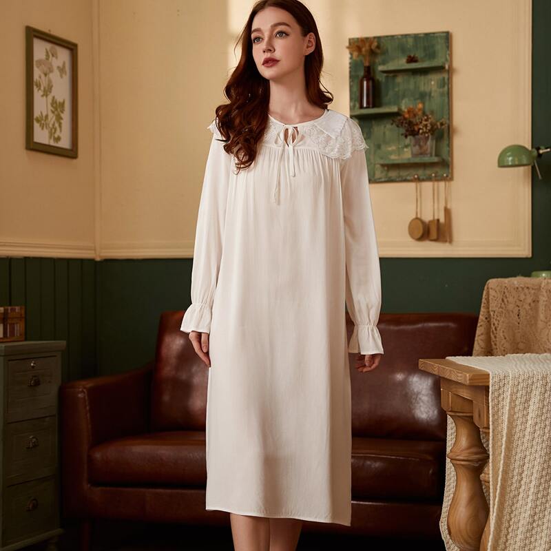 

Lace Panel Tie Neck Night Dress, White