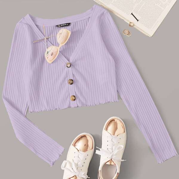 

Buttoned Front Lettuce Trim Rib-knit Top, Pastel lilac purple