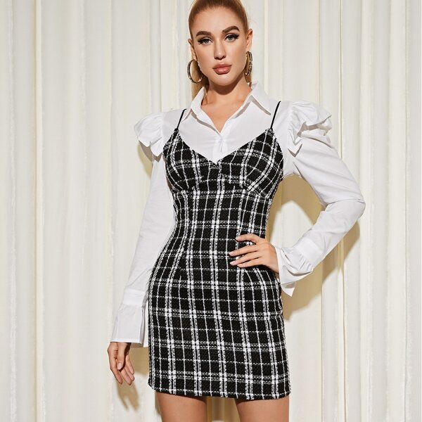

Zip Back Plaid Tweed Dress Without Blouse, Black and white