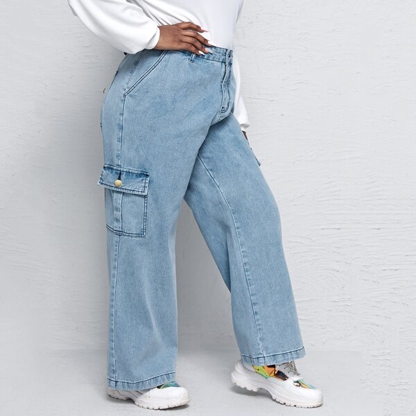 

Plus High Waist Flap Pocket Side Wide Leg Jeans, Light wash