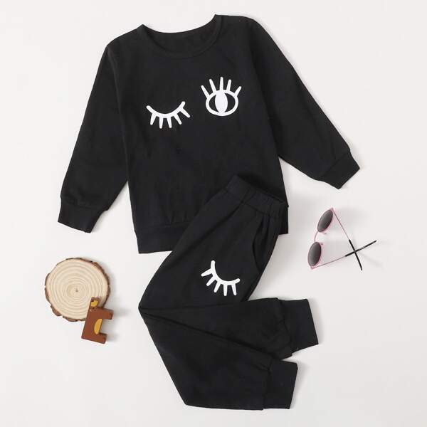 

Toddler Girl Cartoon Print Sweatshirt & Sweatpants Set, Black