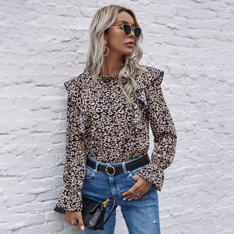 

Allover Print Ruffle Frill Mock Neck Blouse, Multicolor