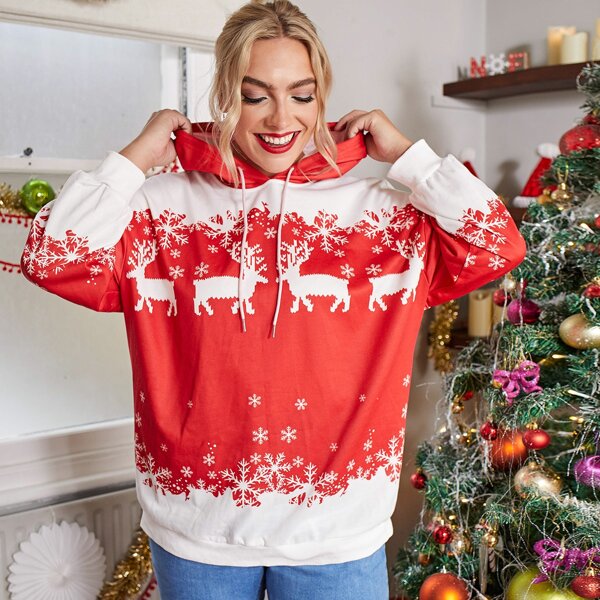 

Plus Christmas Print Hoodie, Red and white