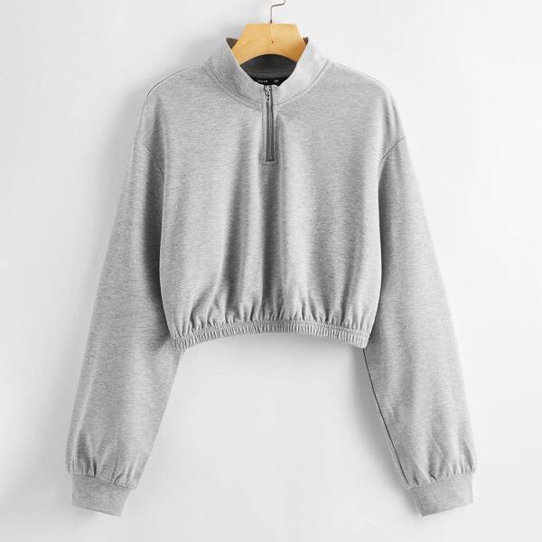 

Plus Drop Shoulder Half Zipper Placket Pullover, Light grey