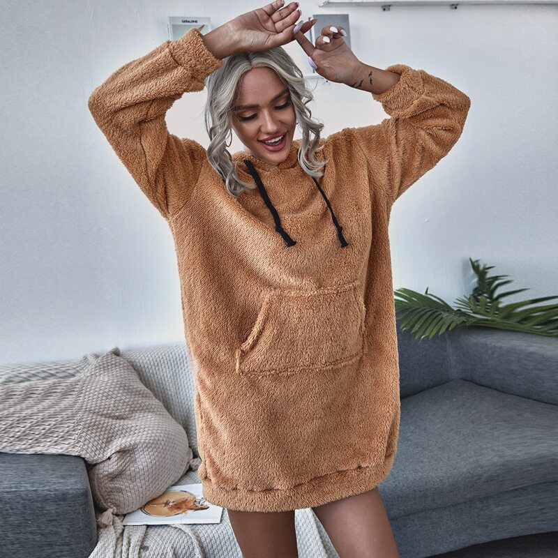 

Kangaroo Pocket Drawstring Flannel Hoodie Dress, Brown