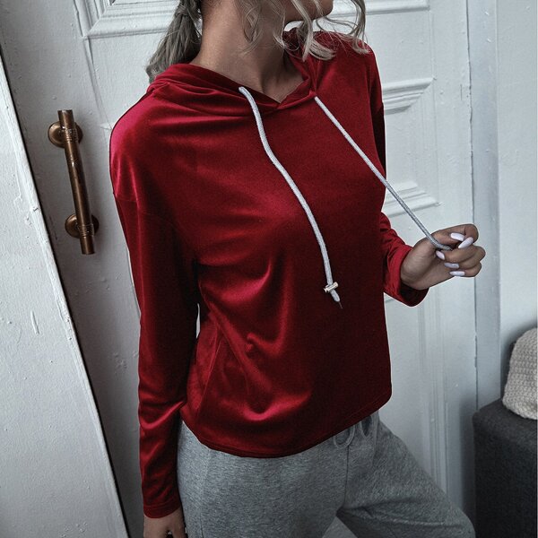 

Velvet Drop Shoulder Drawstring Hoodie, Burgundy