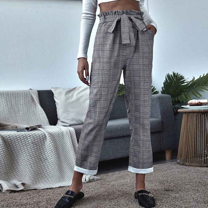 

Plaid Self Tie Paperbag Waist Pants, Grey