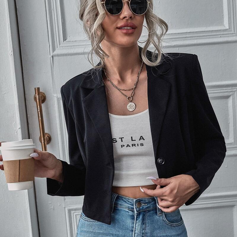 

Solid Lapel Collar Crop Blazer, Black