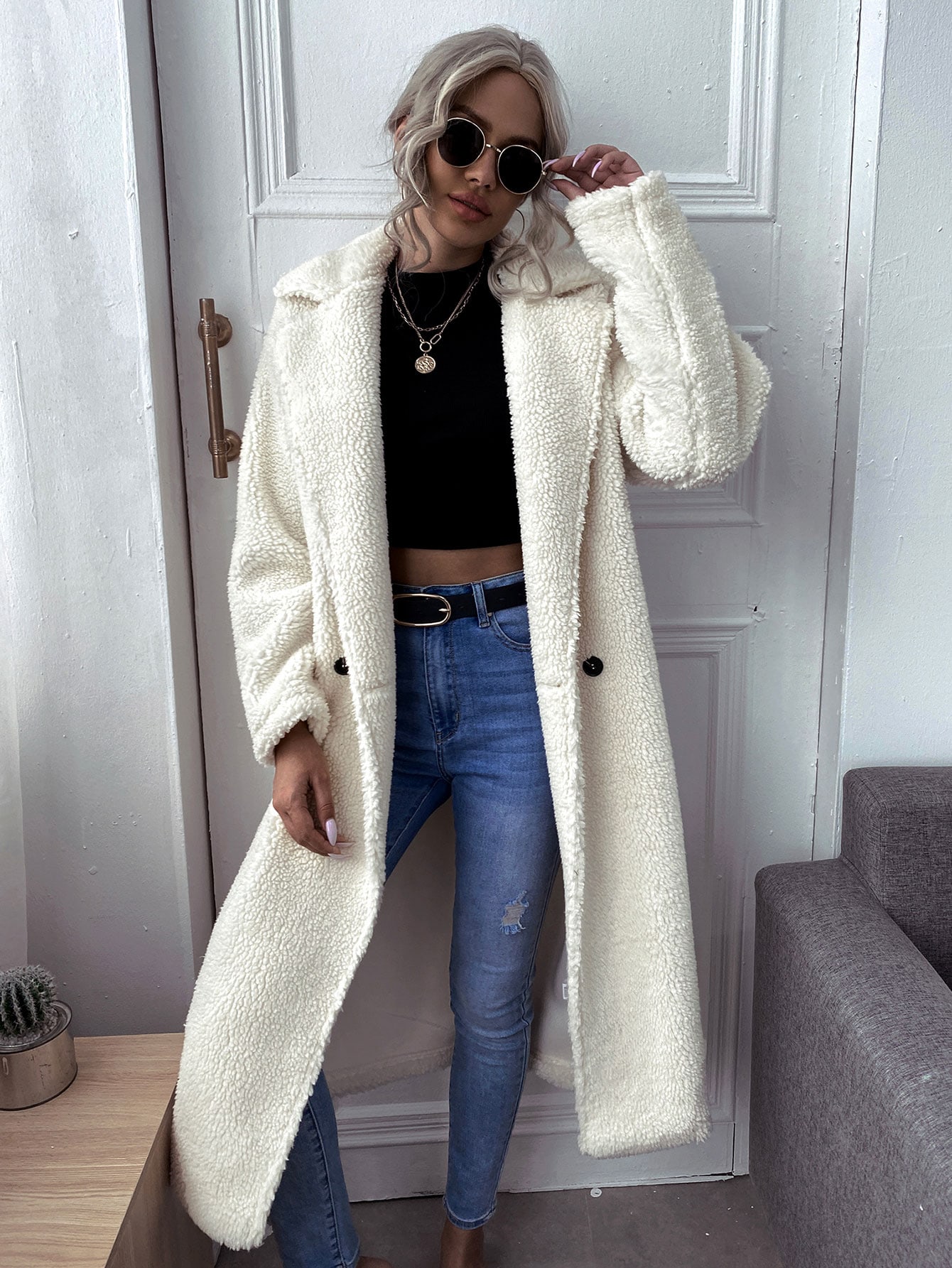 Double Button Lapel Collar Teddy Coat thumbnail