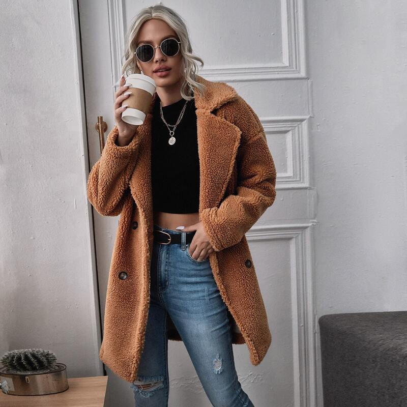

Lapel Collar Double Breasted Teddy Coat, Coffee brown