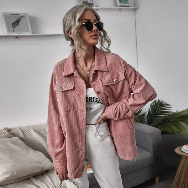 

Flap Pocket Raw Hem Cord Coat, Dusty pink