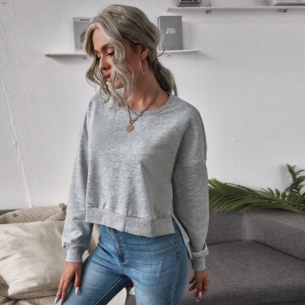 

Split High Low Hem Drop Shoulder Pullover, Grey