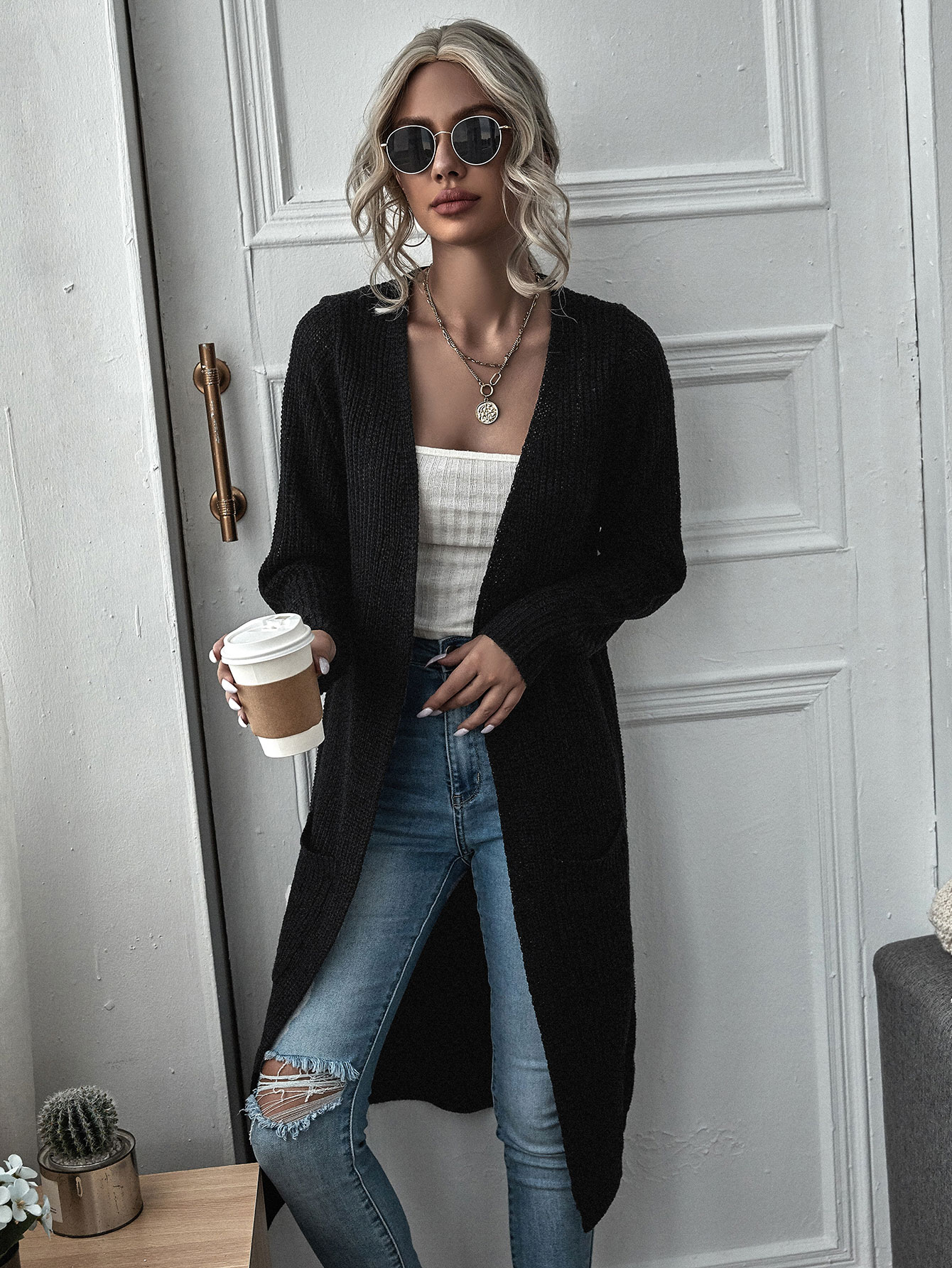 Dual Pockets Open Front Cardigan thumbnail