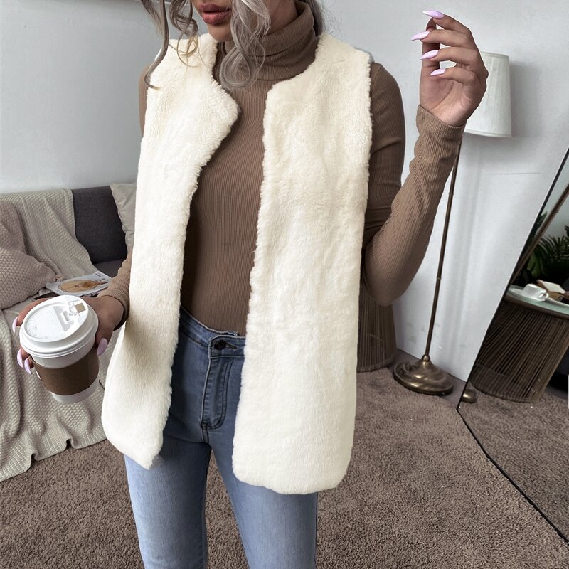 

Solid Open Front Teddy Vest, White