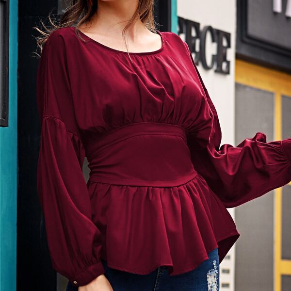 

Drop Shoulder High Low Peplum Blouse, Burgundy