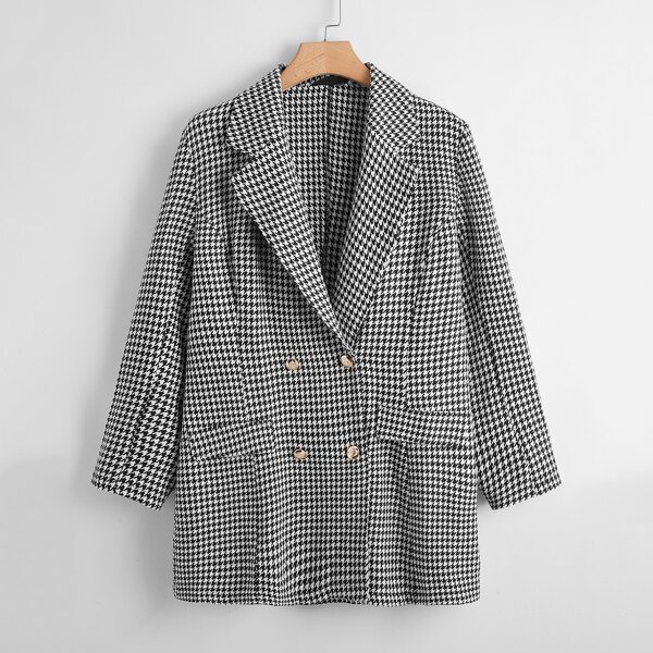 

Plus Houndstooth Double Breasted Overcoat, Black and white