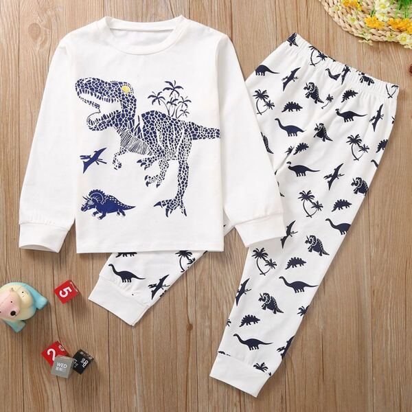 

Toddler Boys Dinosaur & Tropical Print PJ Set, White