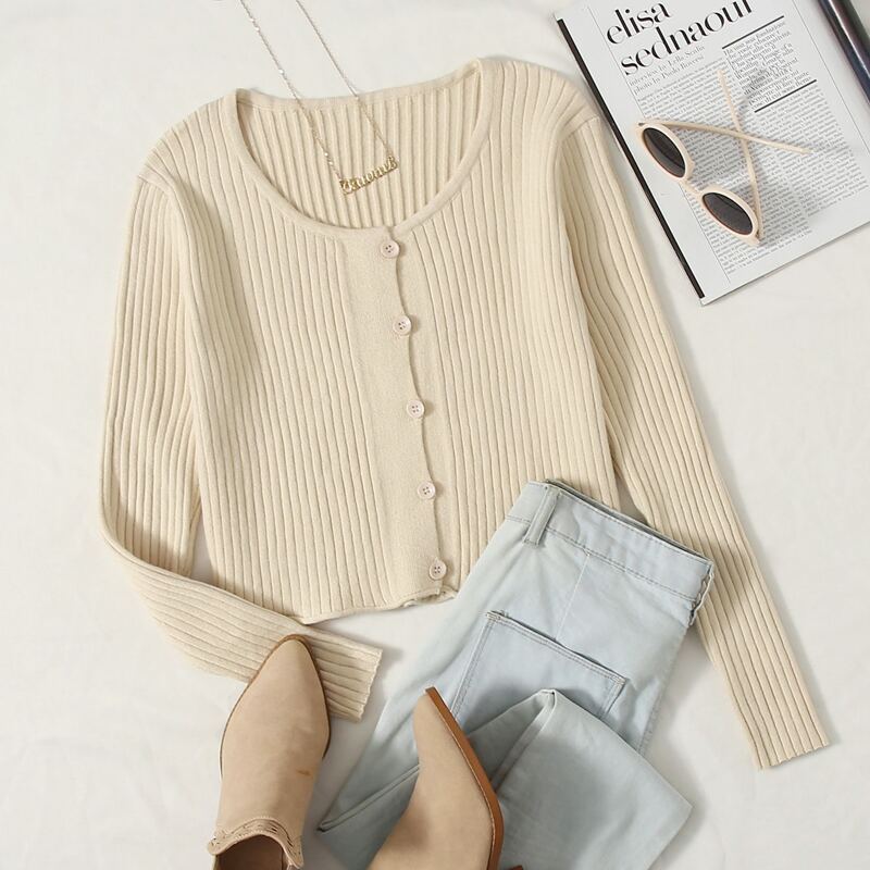 

Button-Up Rib Knit Cardigan, Beige