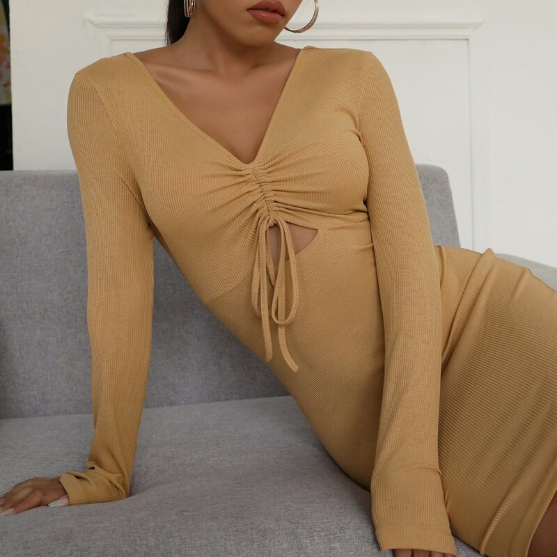 

Drawstring Front Peekaboo Ribbed Bodycon Dress, Camel