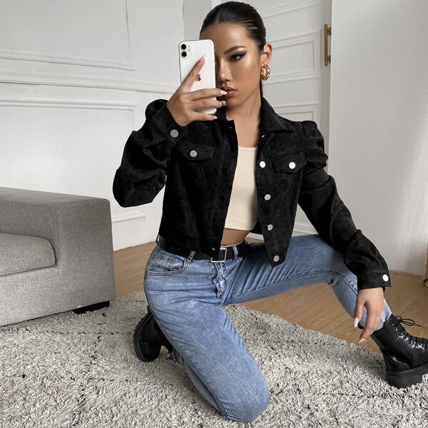 

Puff Sleeve Crop Corduroy Jacket, Black