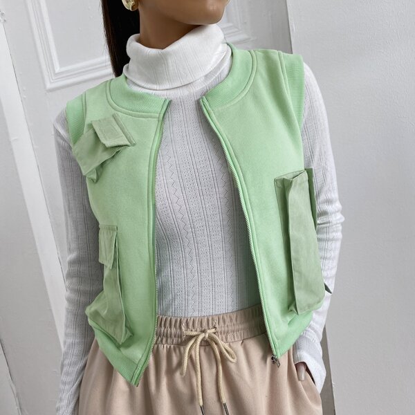 

Zip Up Sleeveless Cargo Jacket, Green