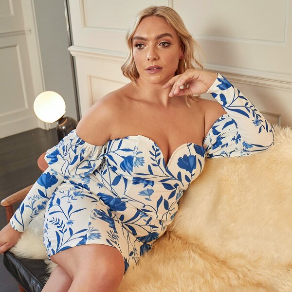 

Plus Off Shoulder Gigot Sleeve Floral Dress, Blue and white