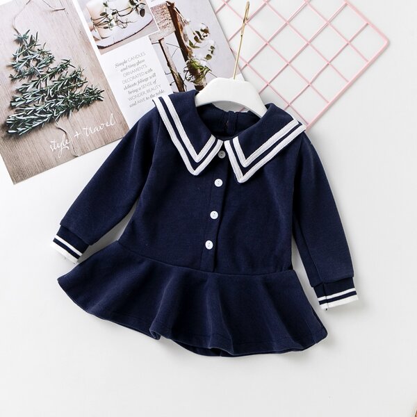 

Toddler Girls Corduroy Striped Trim Button Front Smock Dress, Navy blue