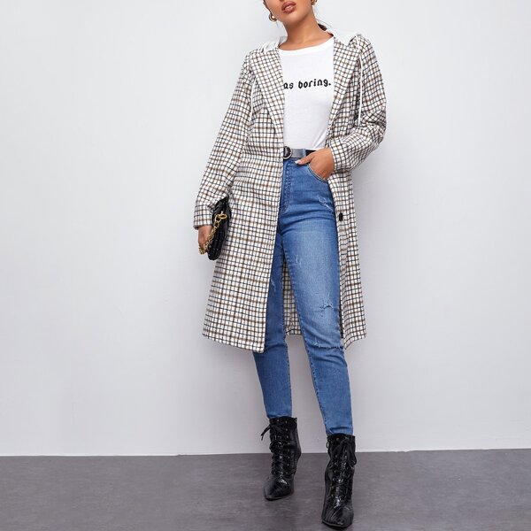 

Button Front Plaid Hooded Coat, Multicolor