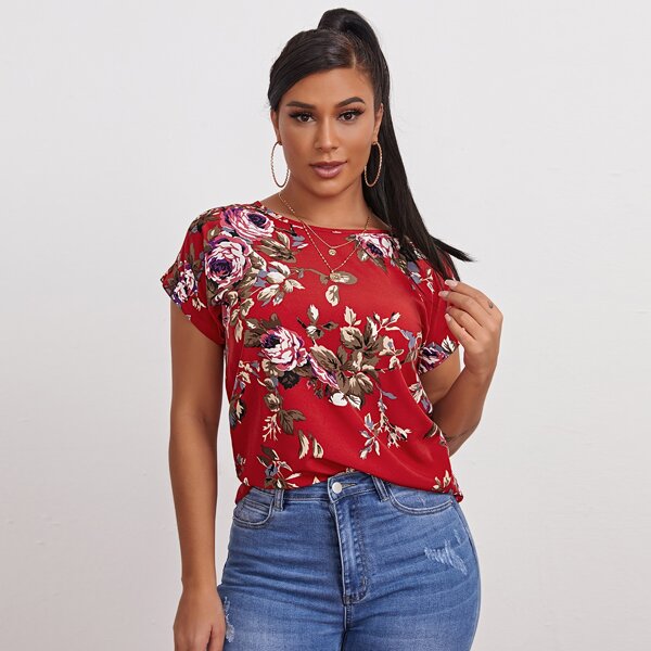 

Floral Batwing Sleeve Blouse, Red