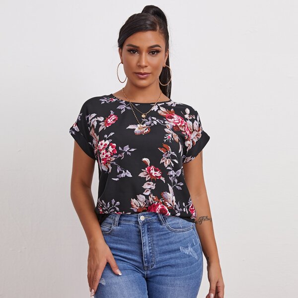 

Floral Batwing Sleeve Blouse, Black