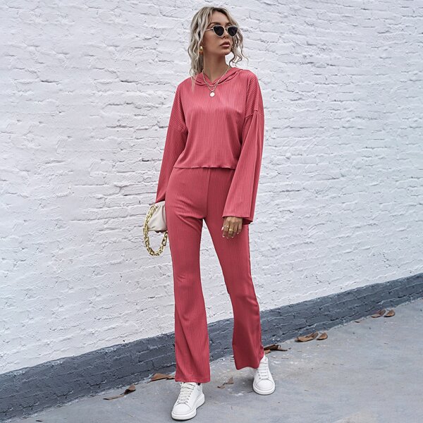 

Bell Sleeve Striped Hoodie & Pants Set, Watermelon pink